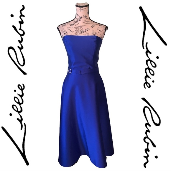 Lillie Rubin Royal Blue Strapless Dress With Belt Size 4 - Picture 1 of 16